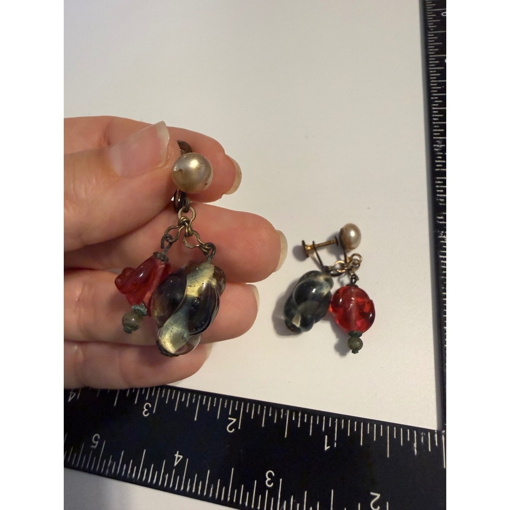 Vintage Art Glass Screw Back Dangle Earrings Red Grey Faux‎ Pearl Mid Century